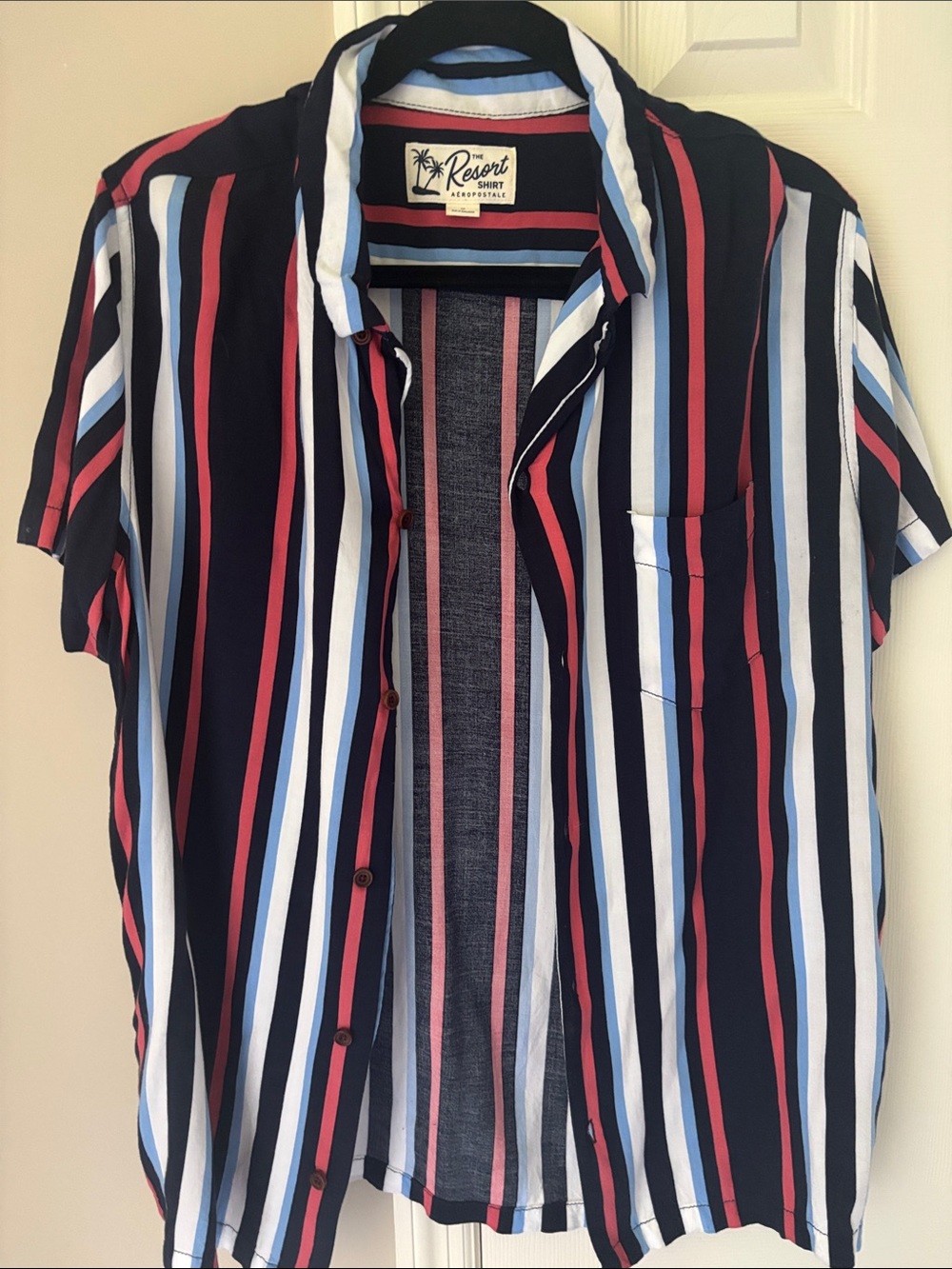 Aeropostale Navy, White, Red & Light Blue Vertical Stripe Short Sleeve Shirt